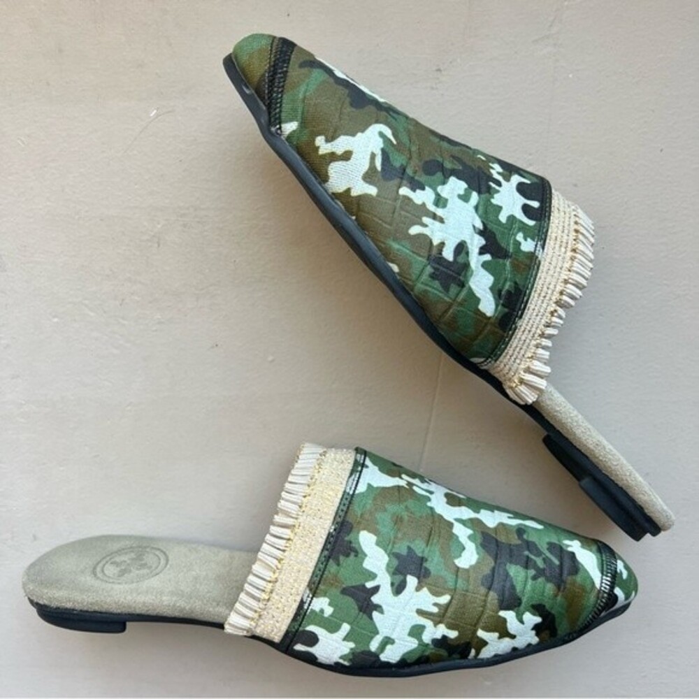 Charleston Shoe Co. Blakely Camoflauge‎ Mules with Gold Flecked Ruffle Women's 7